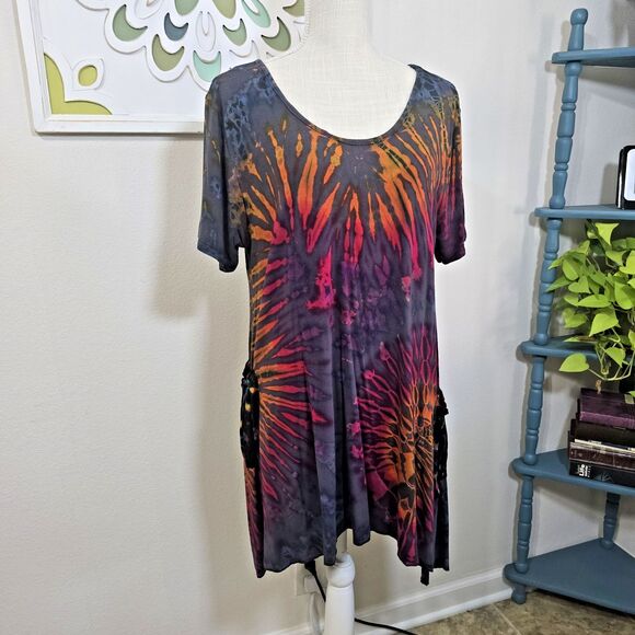 Greater Good Womens Sz L XL Tunic Top Blouse Artsy Boho Hippie Colorful Tie Dye - Picture 1 of 9